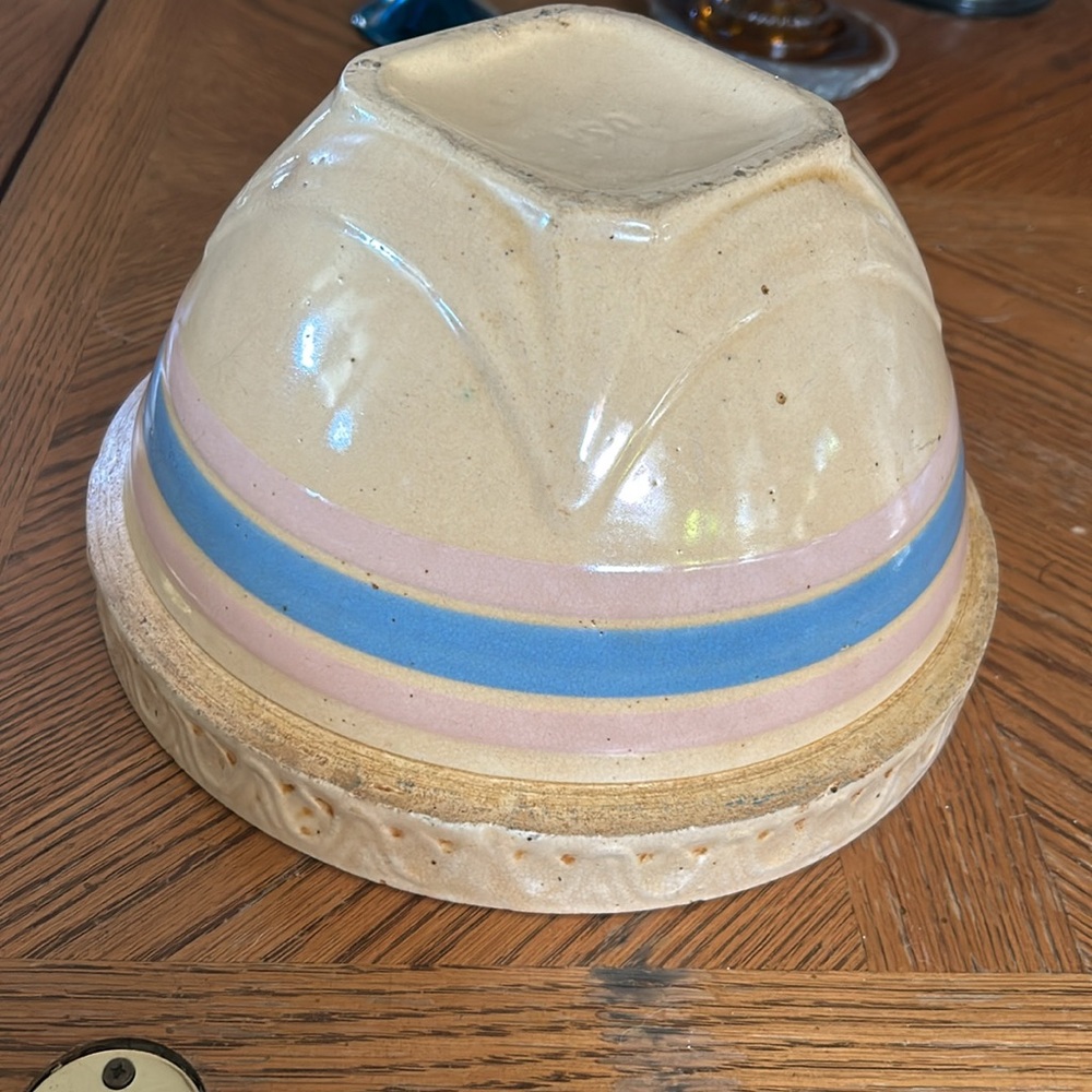 Antique Stoneware Mixing Bowl with Blue & Pink Glaze Stripe 10" - Picture 6 of 7